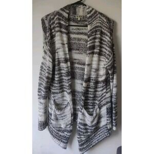 14TH & UNION‎ Women Cardigan Sweater Black/Off White Striped Open Front Pockets